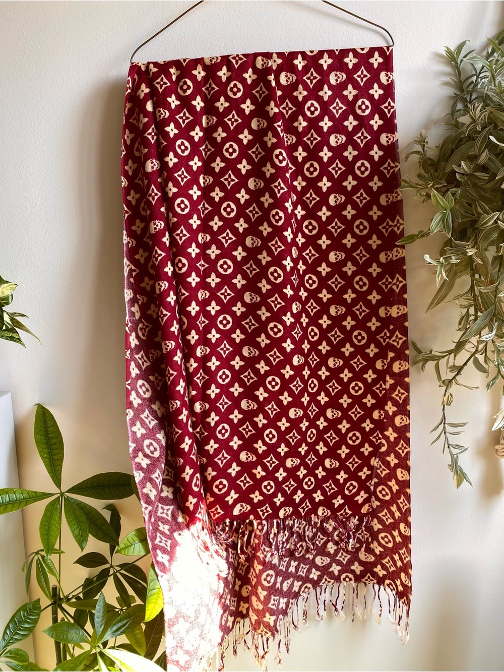 💀✨ Red and Cream Scarf Luxury Inspired Skull Pattern Goth Academia